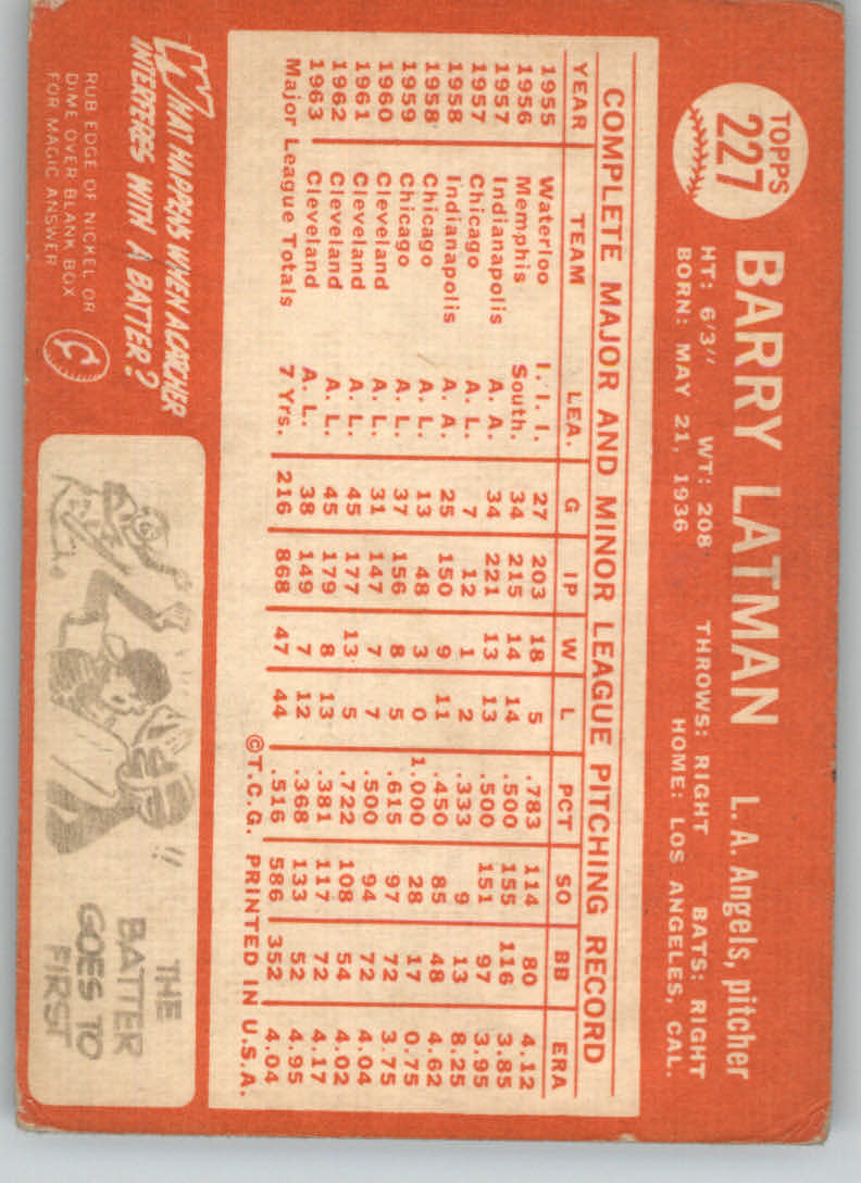 1964 Topps #227 Barry Latman back image