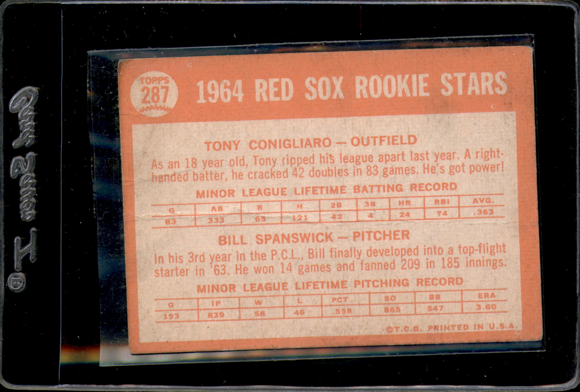 1964 Topps #287 Rookie Stars/Tony Conigliaro RC/Bill Spanswick RC back image