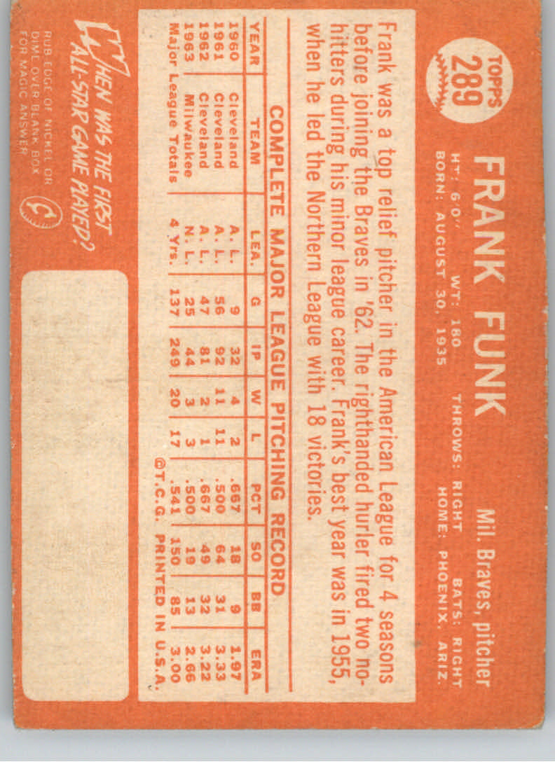 1964 Topps #289 Frank Funk back image