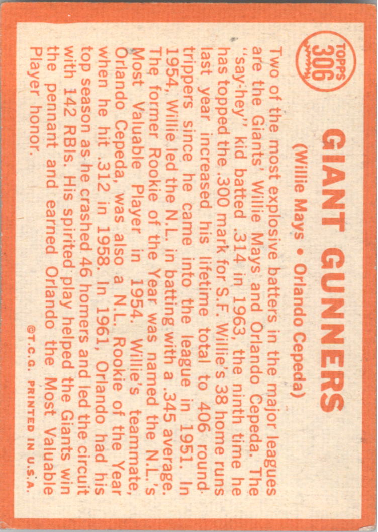 1964 Topps #306 Giant Gunners/Willie Mays/Orlando Cepeda back image