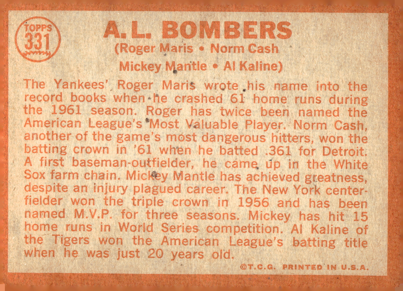 1964 Topps #331 AL Bombers/Roger Maris/Norm Cash/Mickey Mantle/Al Kaline back image