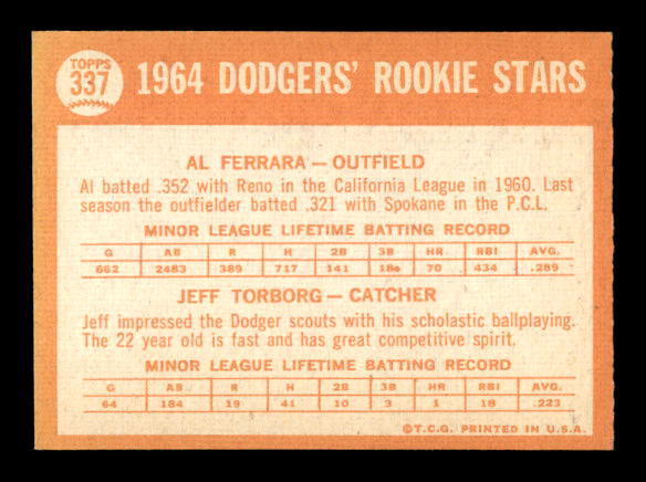 1964 Topps #337 Rookie Stars/Al Ferrara RC/Jeff Torborg RC back image