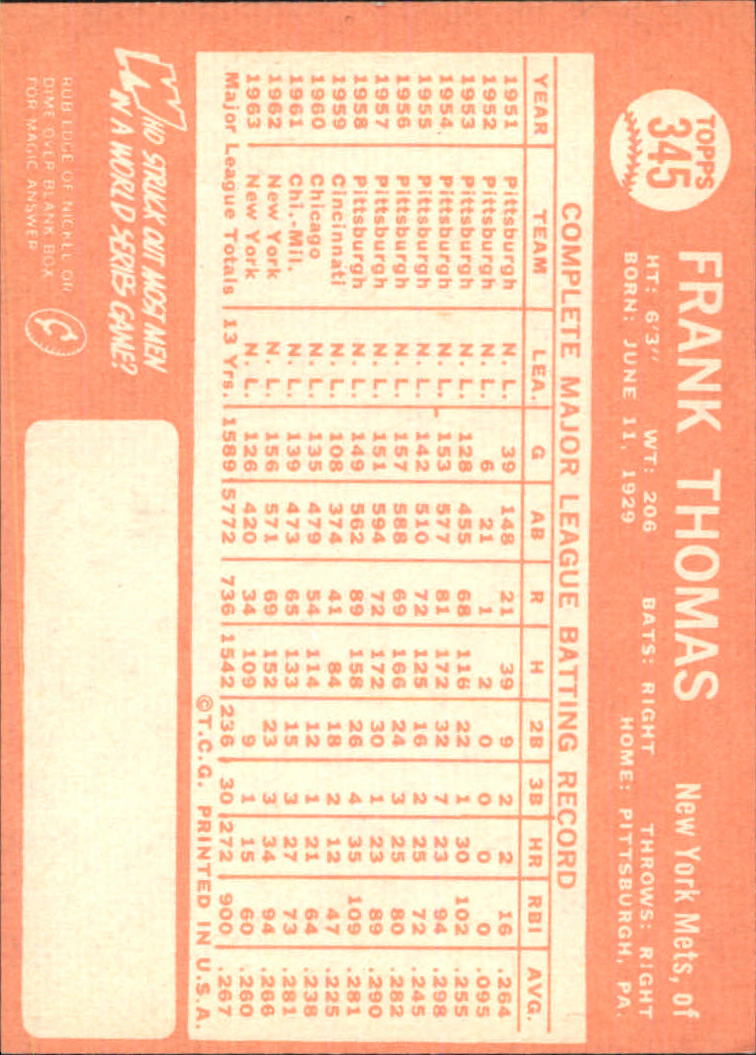 1964 Topps #345 Frank Thomas back image