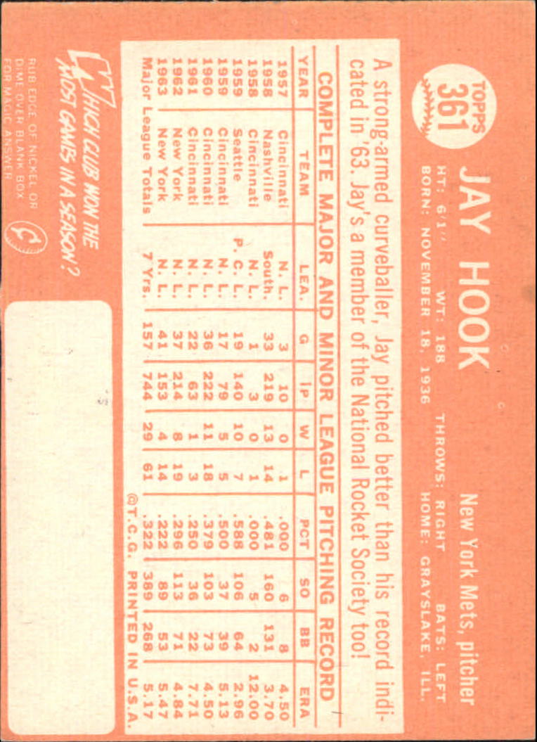 1964 Topps #361 Jay Hook back image