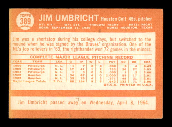 1964 Topps #389 Jim Umbricht back image