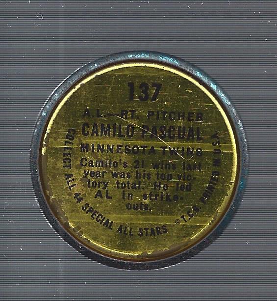 1964 Topps Coins #137 Camilo Pascual AS back image