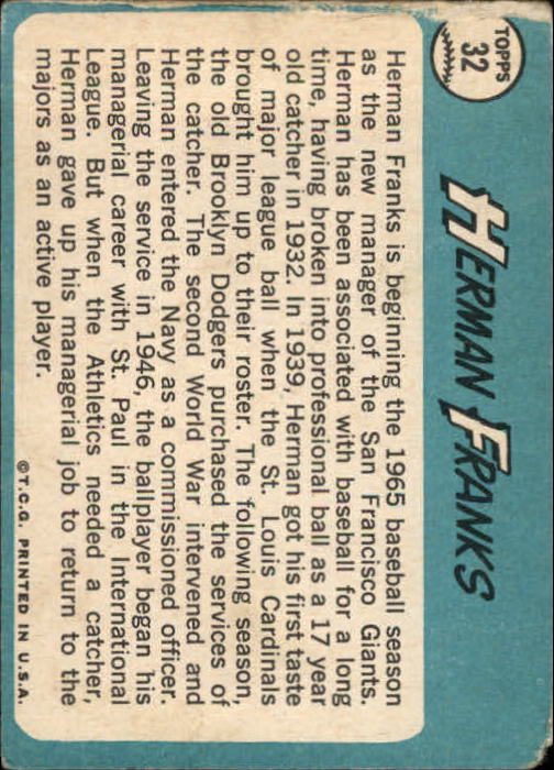 1965 Topps #32 Herman Franks MG back image