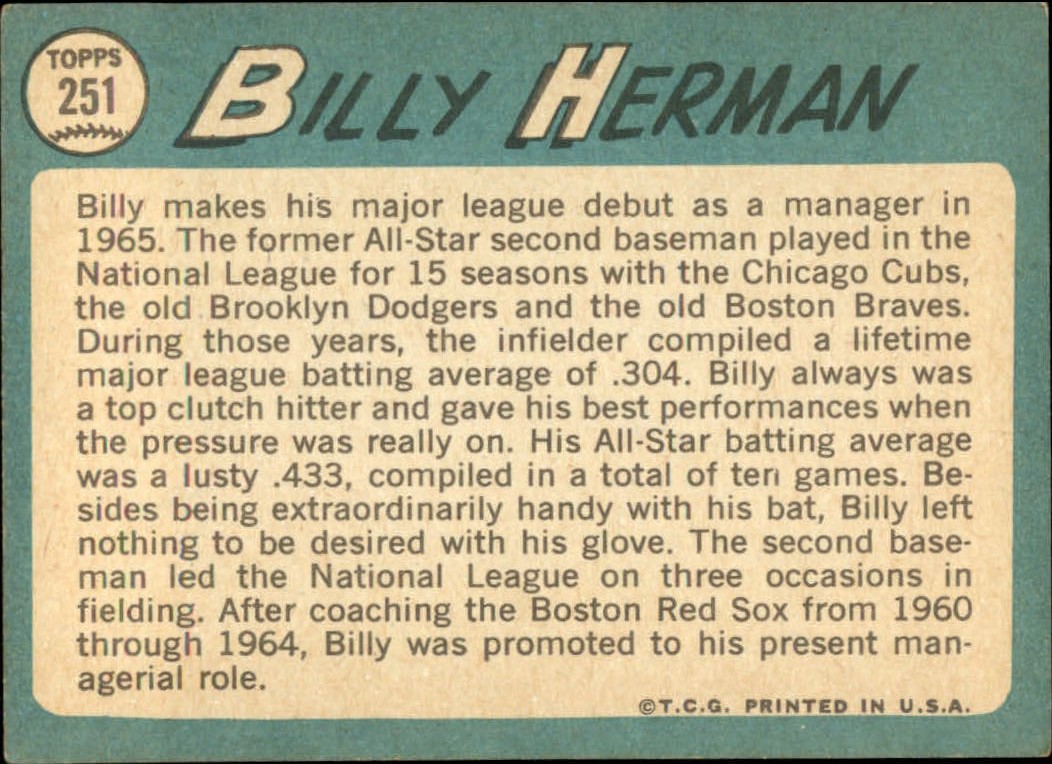 1965 Topps #251 Billy Herman MG back image