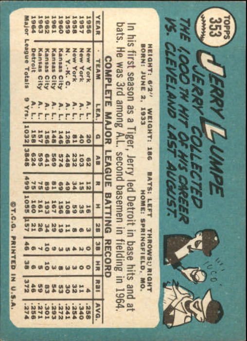 1965 Topps #353 Jerry Lumpe back image