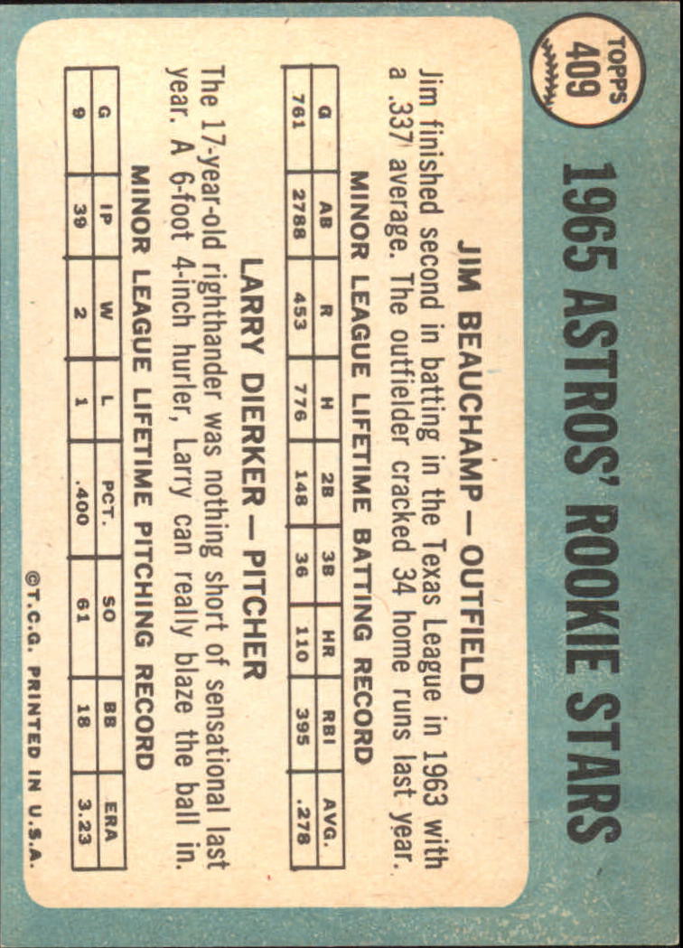 1965 Topps #409 Rookie Stars/Jim Beauchamp/Larry Dierker RC back image