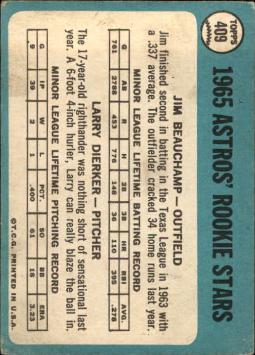 1965 Topps #409 Rookie Stars/Jim Beauchamp/Larry Dierker RC back image