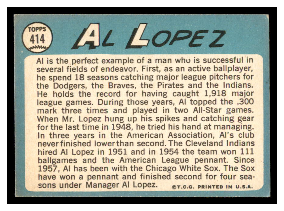 1965 Topps #414 Al Lopez MG back image