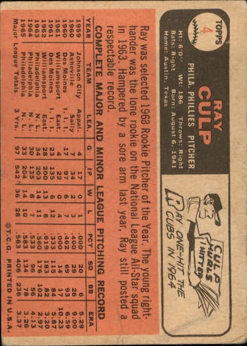1966 Topps #4 Ray Culp - POOR
