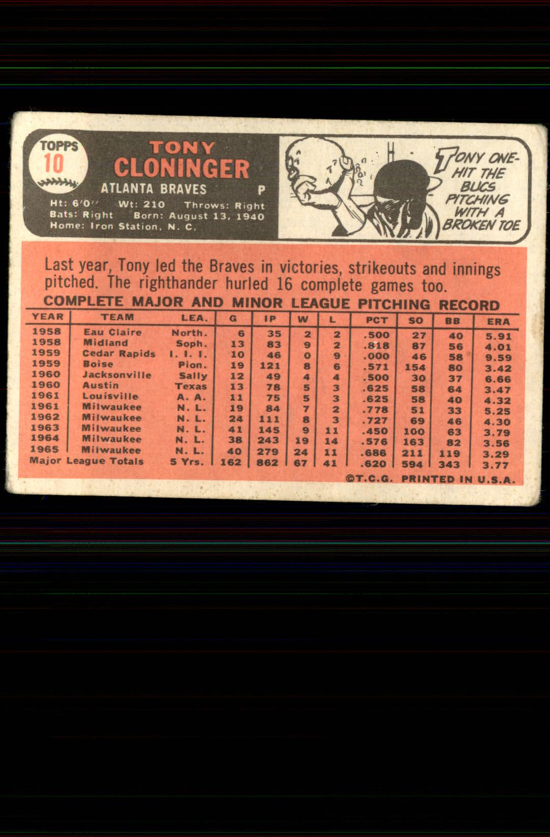 1966 Topps #10 Tony Cloninger back image