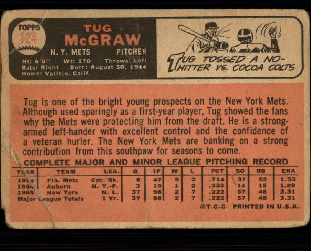 1966 Topps #124 Tug McGraw back image