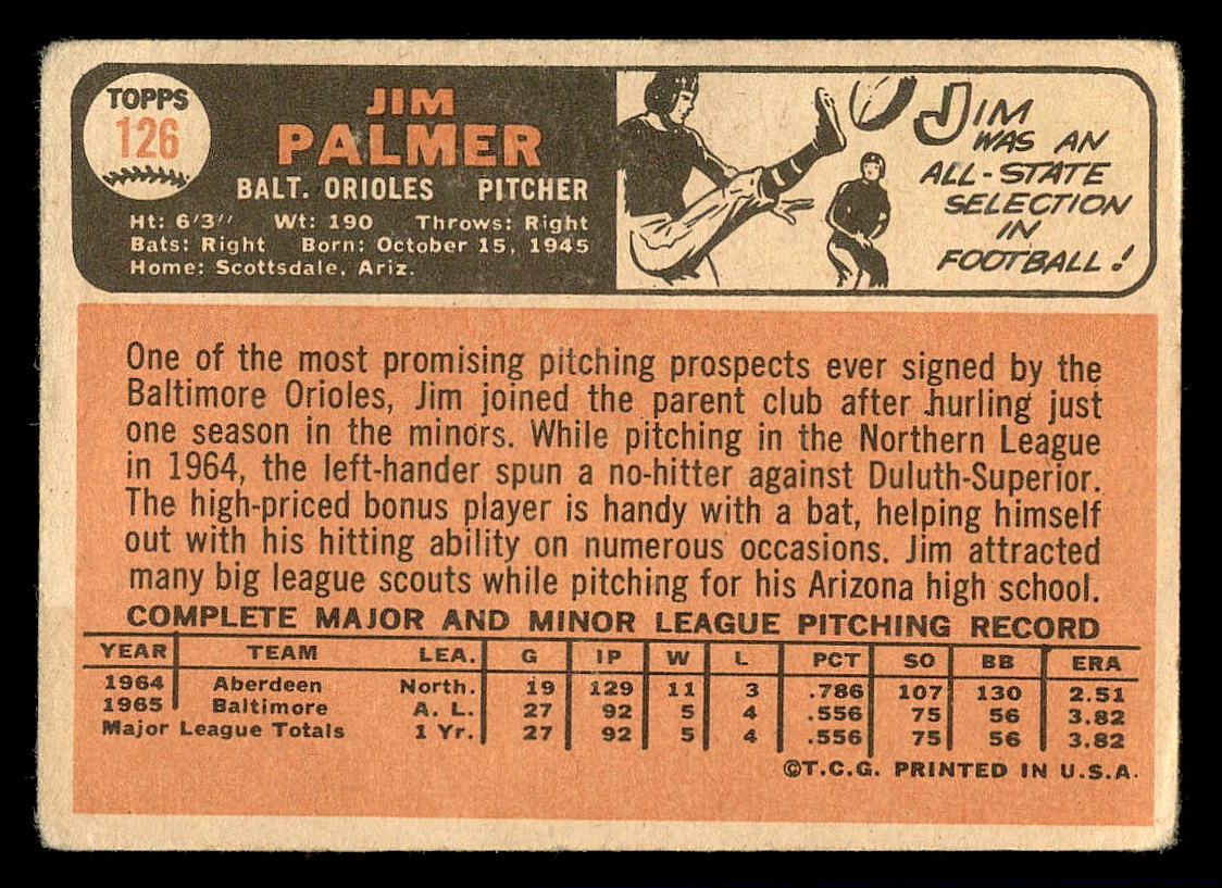 1966 Topps #126 Jim Palmer UER RC back image