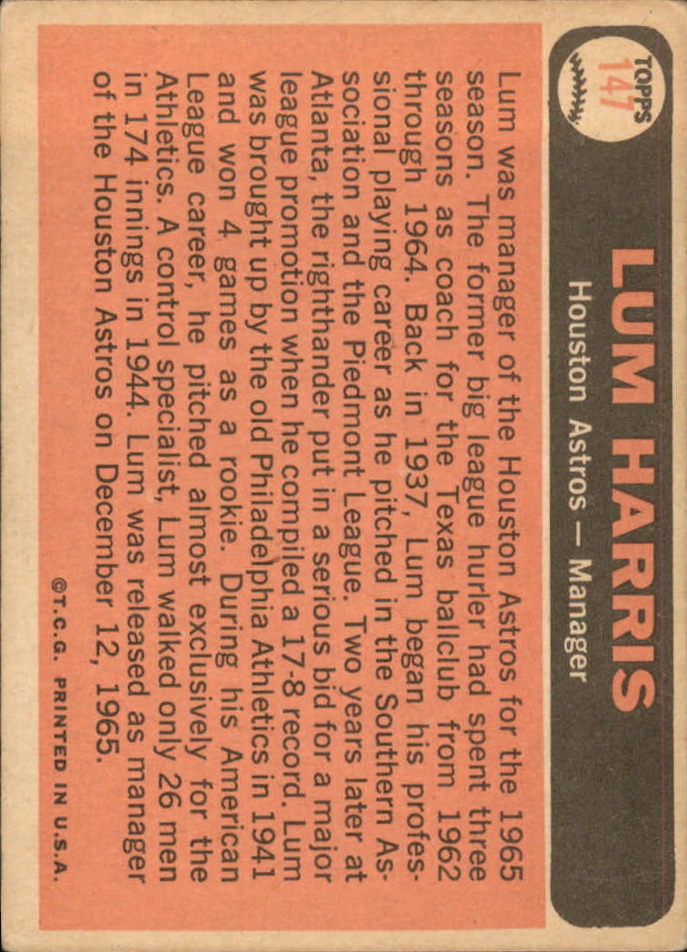 1966 Topps #147 Lum Harris MG back image
