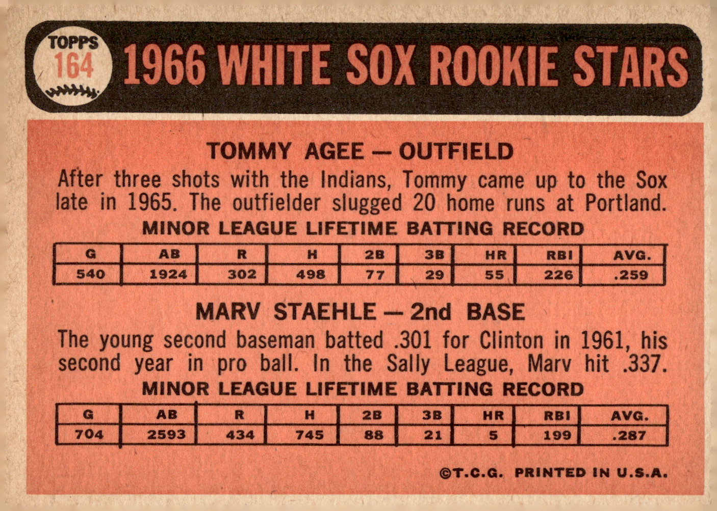 1966 Topps #164 Rookie Stars/Tommie Agee/Marv Staehle - EX-MT - Card ...