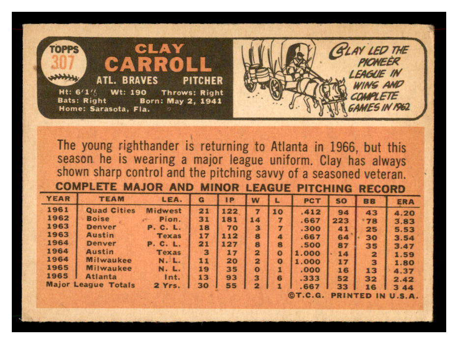 1966 Topps #307 Clay Carroll back image
