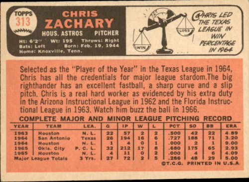 1966 Topps #313 Chris Zachary back image