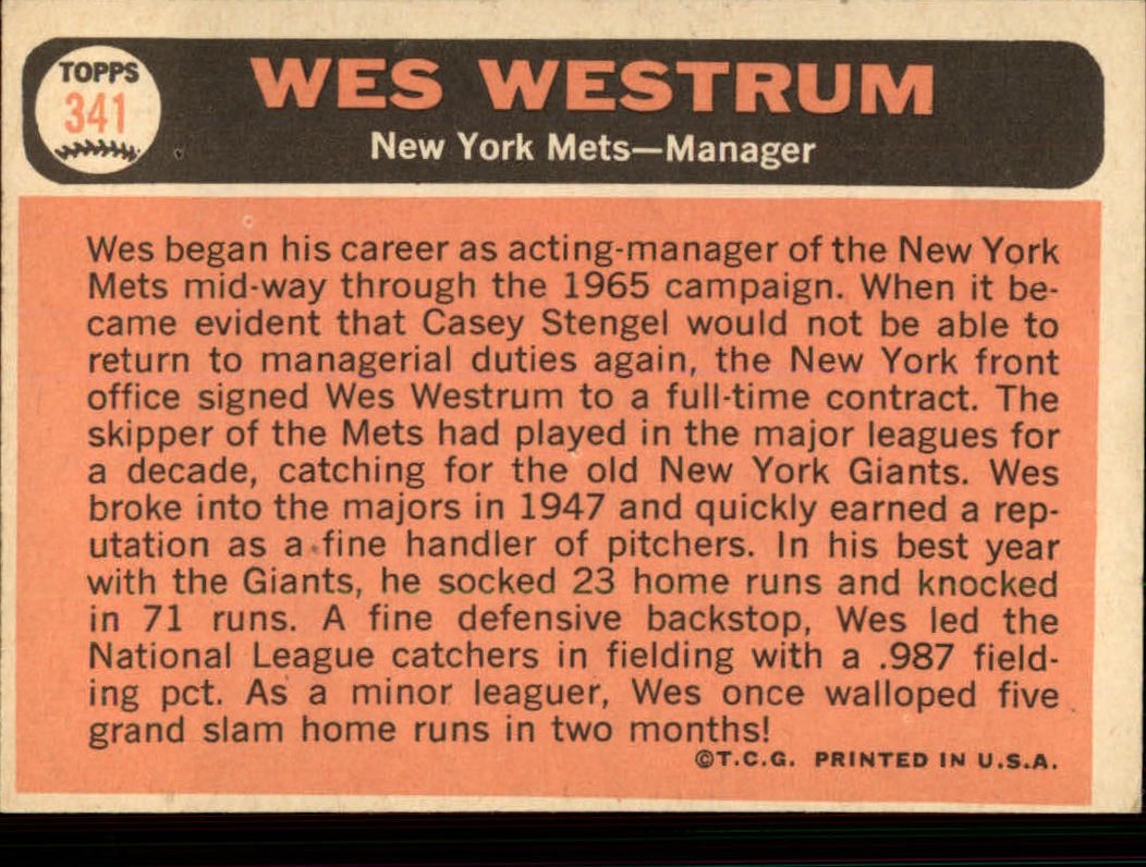 1966 Topps #341 Wes Westrum MG back image