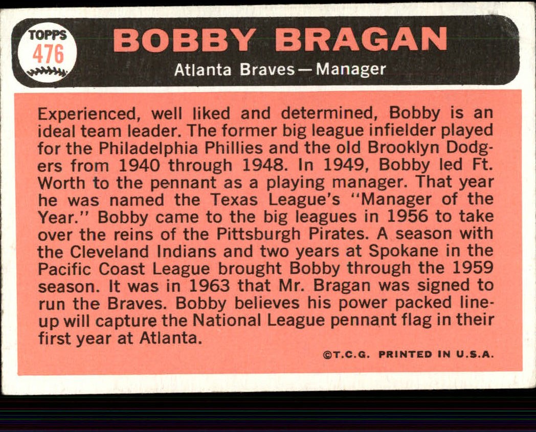 1966 Topps #476 Bobby Bragan MG back image