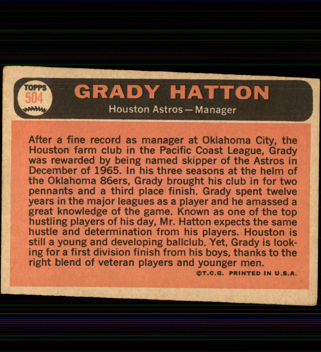 1966 Topps #504 Grady Hatton MG back image