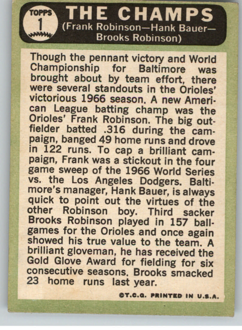 1967 Topps #1 The Champs/Frank Robinson/Hank Bauer MG/Brooks Robinson DP back image