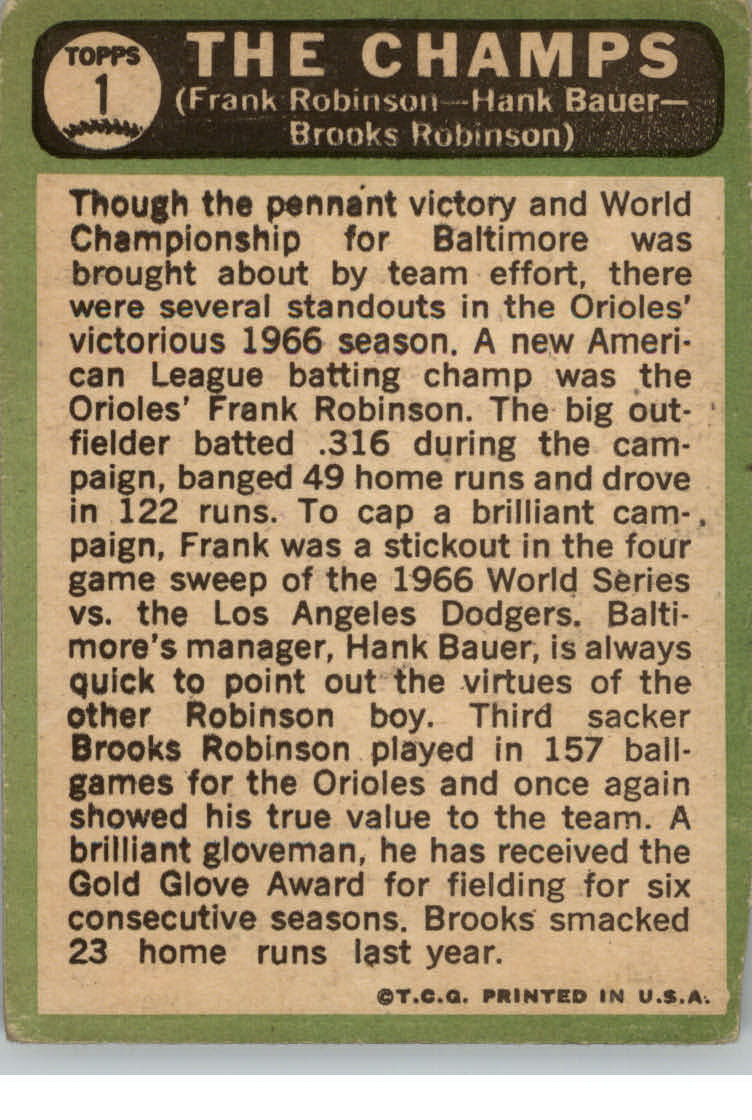 1967 Topps Baseball the Champs Frank and Brooks Robinson 