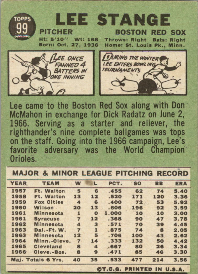 1967 Topps #99 Lee Stange back image