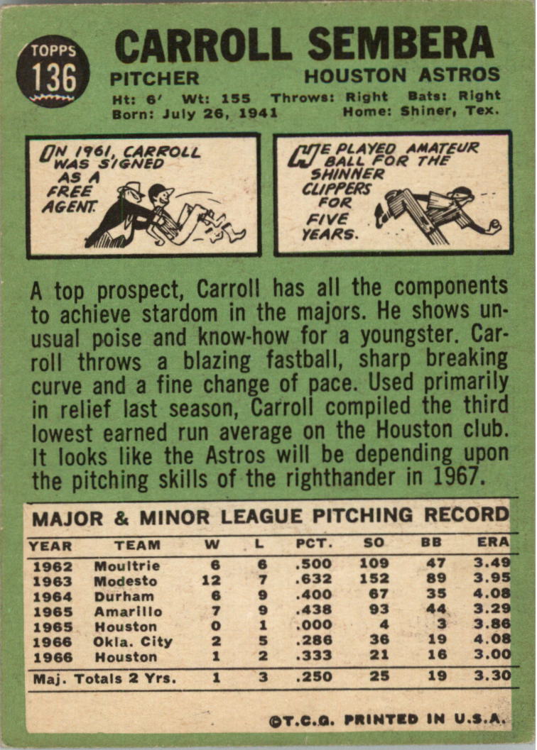 1967 Topps #136 Carroll Sembera back image