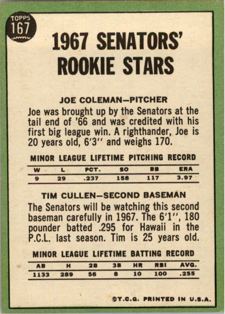 1967 Topps #167 Rookie Stars/Joe Coleman RC/Tim Cullen RC back image