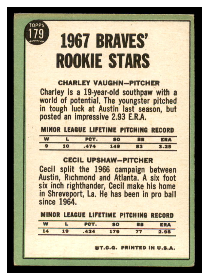1967 Topps #179 Rookie Stars/Charles Vaughan RC/Cecil Upshaw RC back image