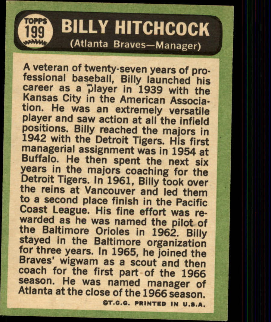 1967 Topps #199 Billy Hitchcock MG back image