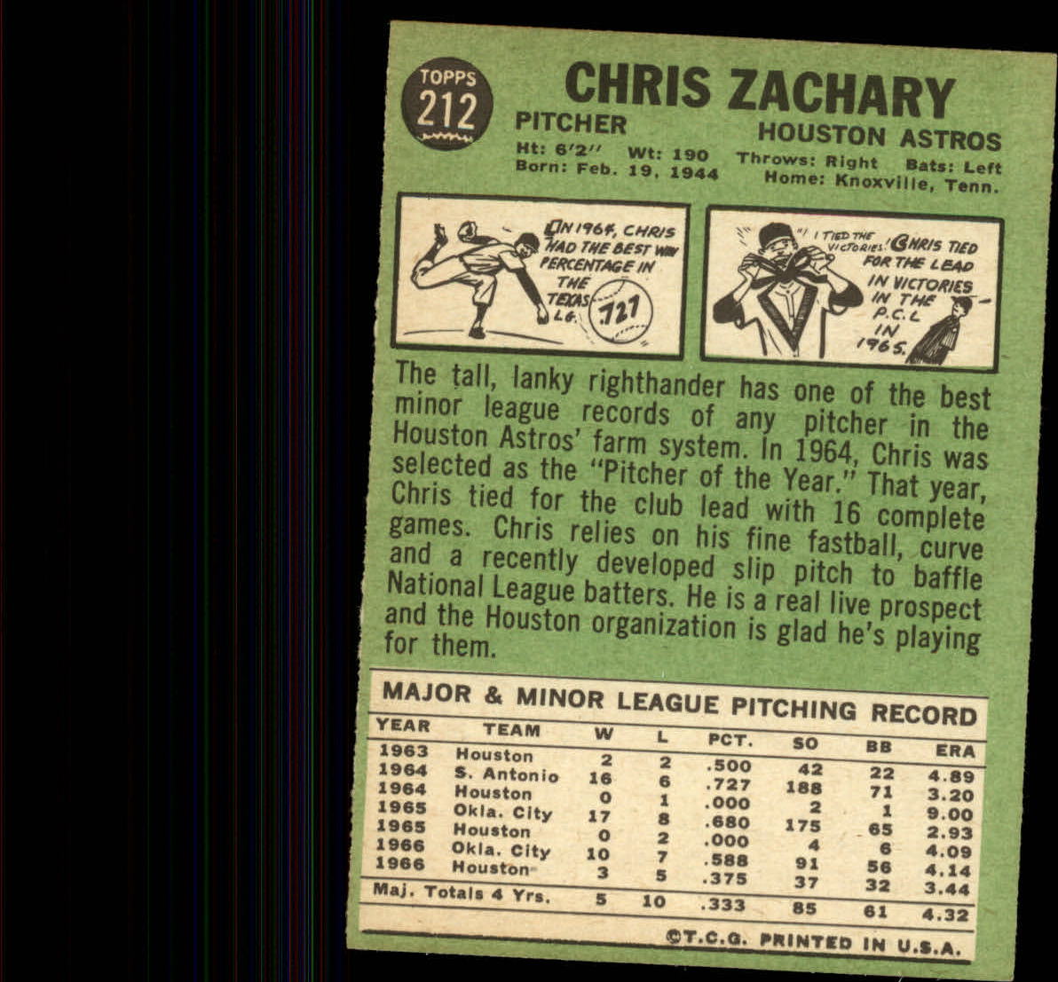 1967 Topps #212 Chris Zachary back image