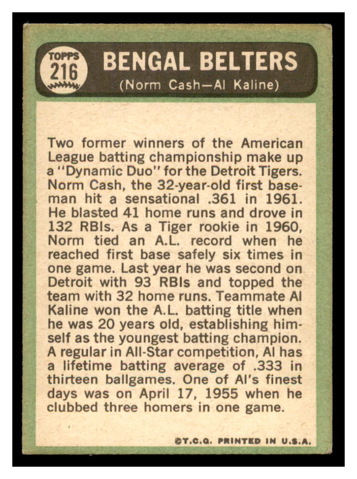 1967 Topps #216 Bengal Belters/Norm Cash/Al Kaline back image
