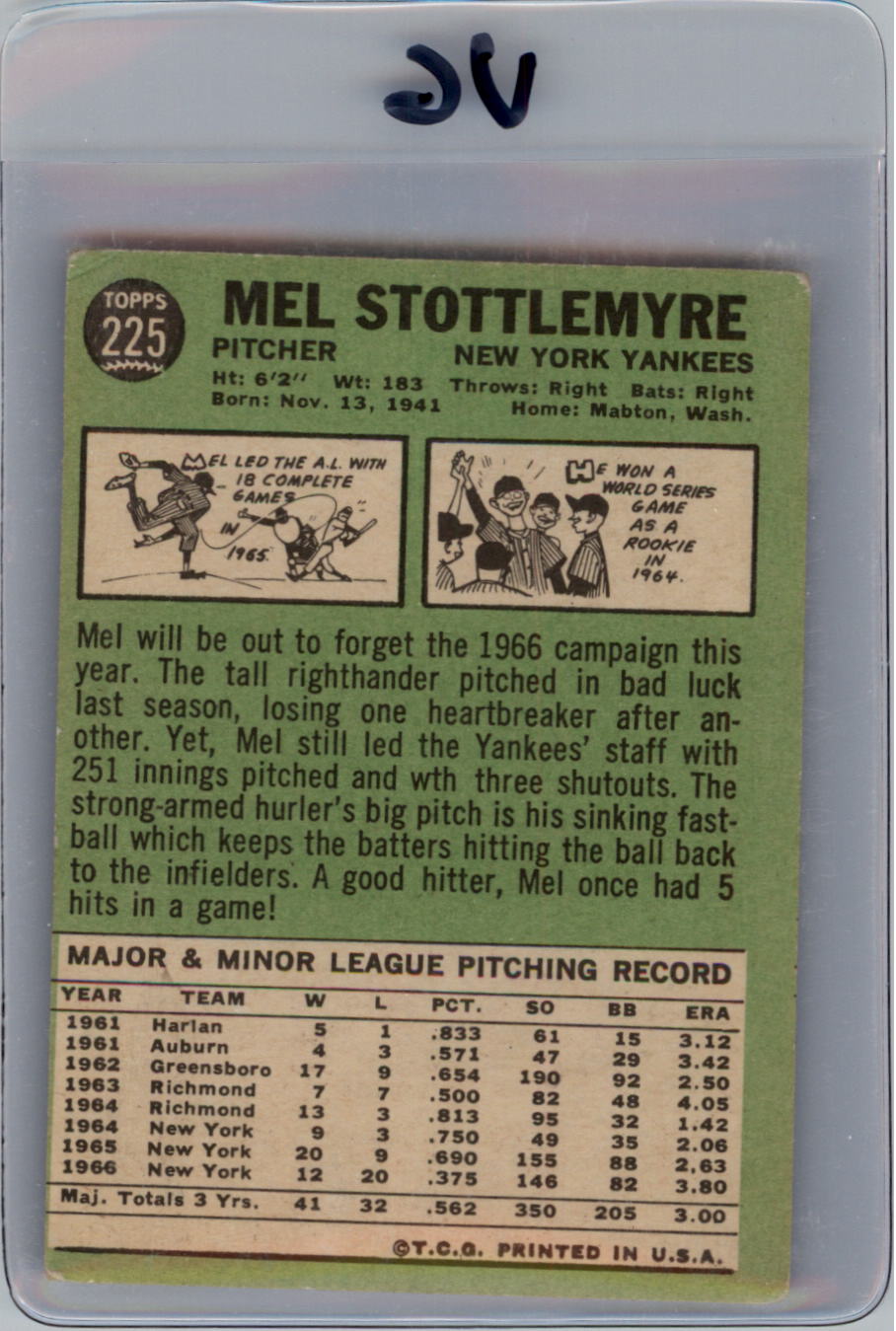 1967 Topps #225 Mel Stottlemyre back image