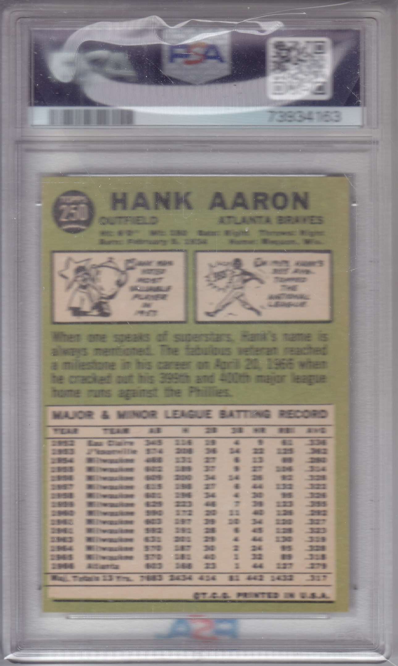 1967 Topps #250 Hank Aaron UER/Second 1961 in stats/should be 1962 - VG