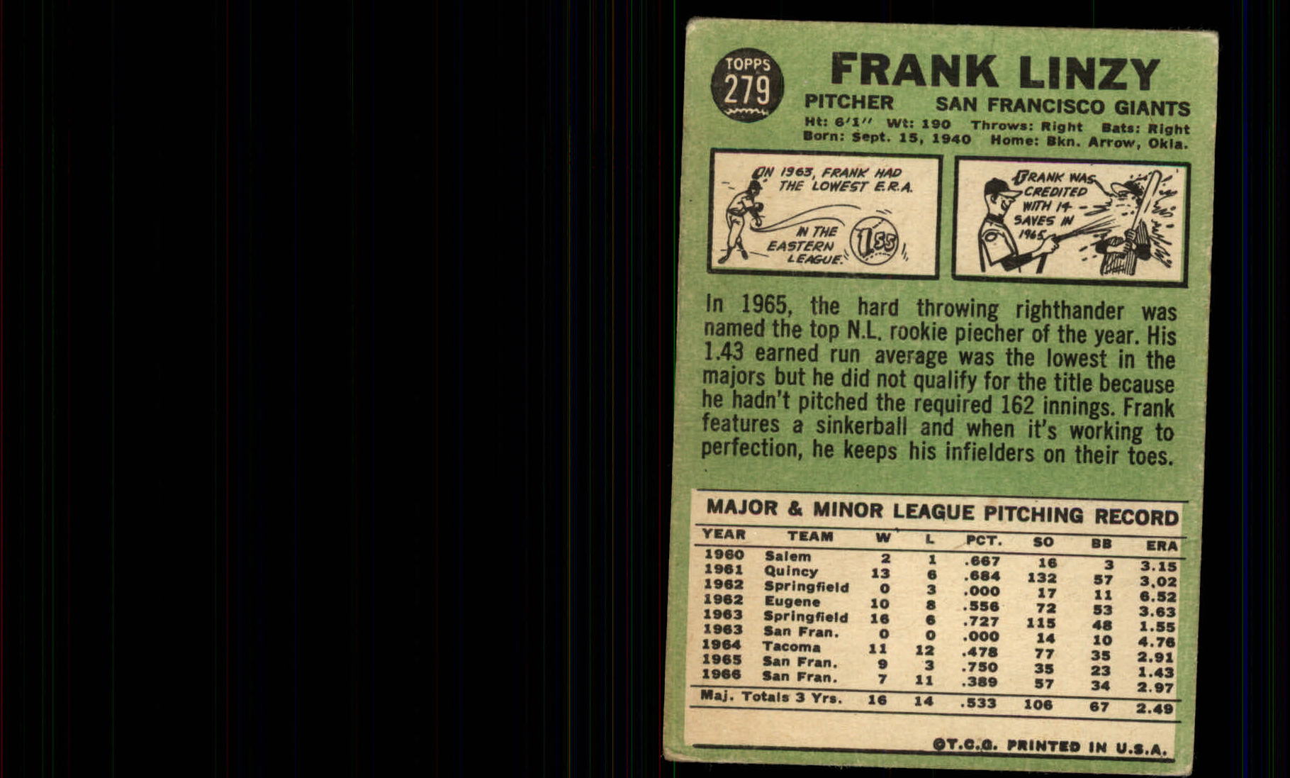1967 Topps #279 Frank Linzy back image