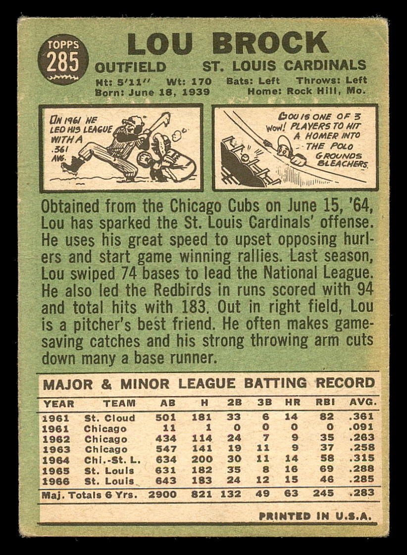  1967 Topps # 285 Lou Brock St. Louis Cardinals