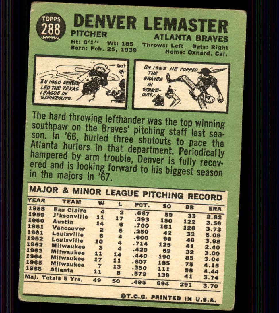 1967 Topps #288 Denny Lemaster back image