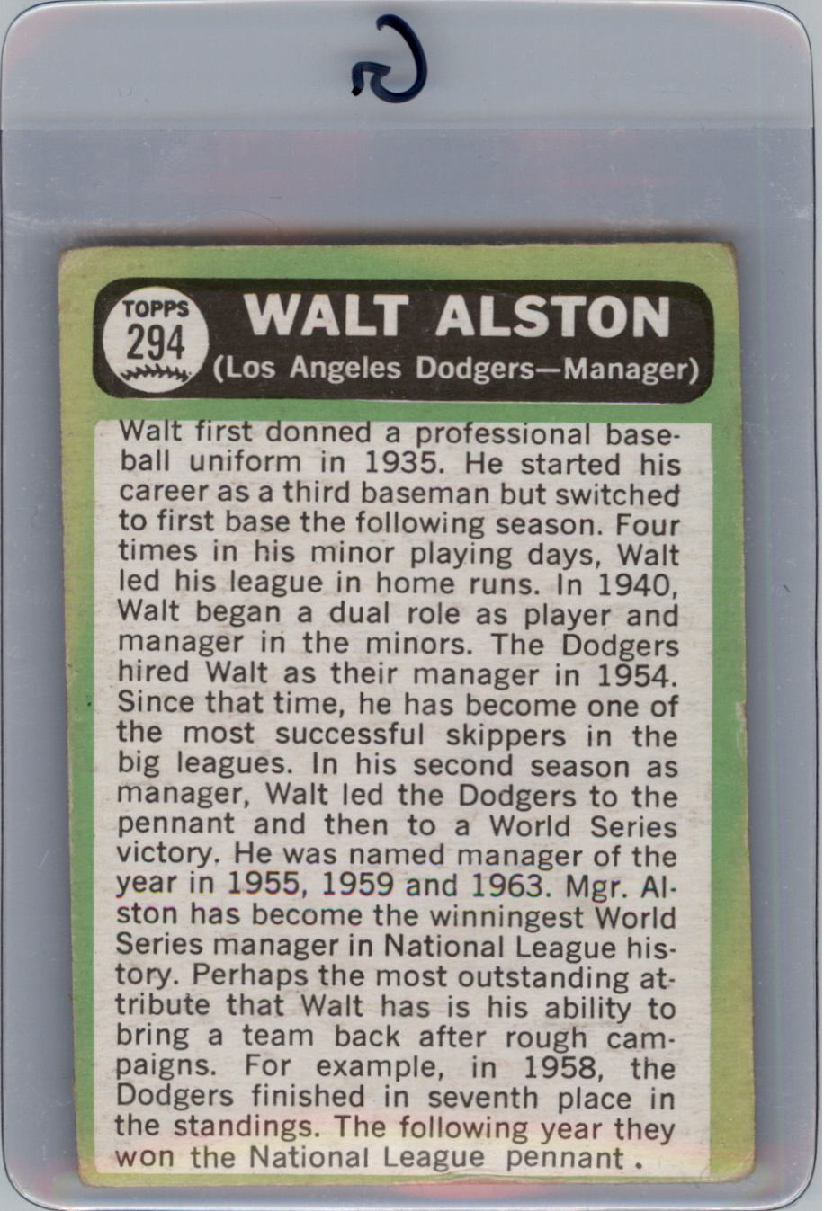 1967 Topps #294 Walter Alston MG back image