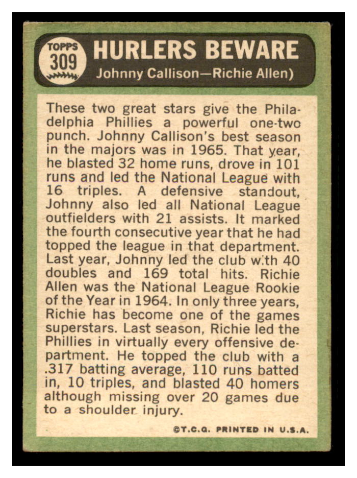 1967 Topps #309 Johnny Callison / Rich Allen - Hurl Phillies 3 - VG B67T 12  2421