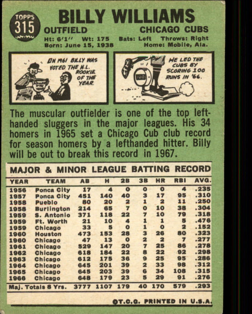 1967 Topps #315 Billy Williams back image