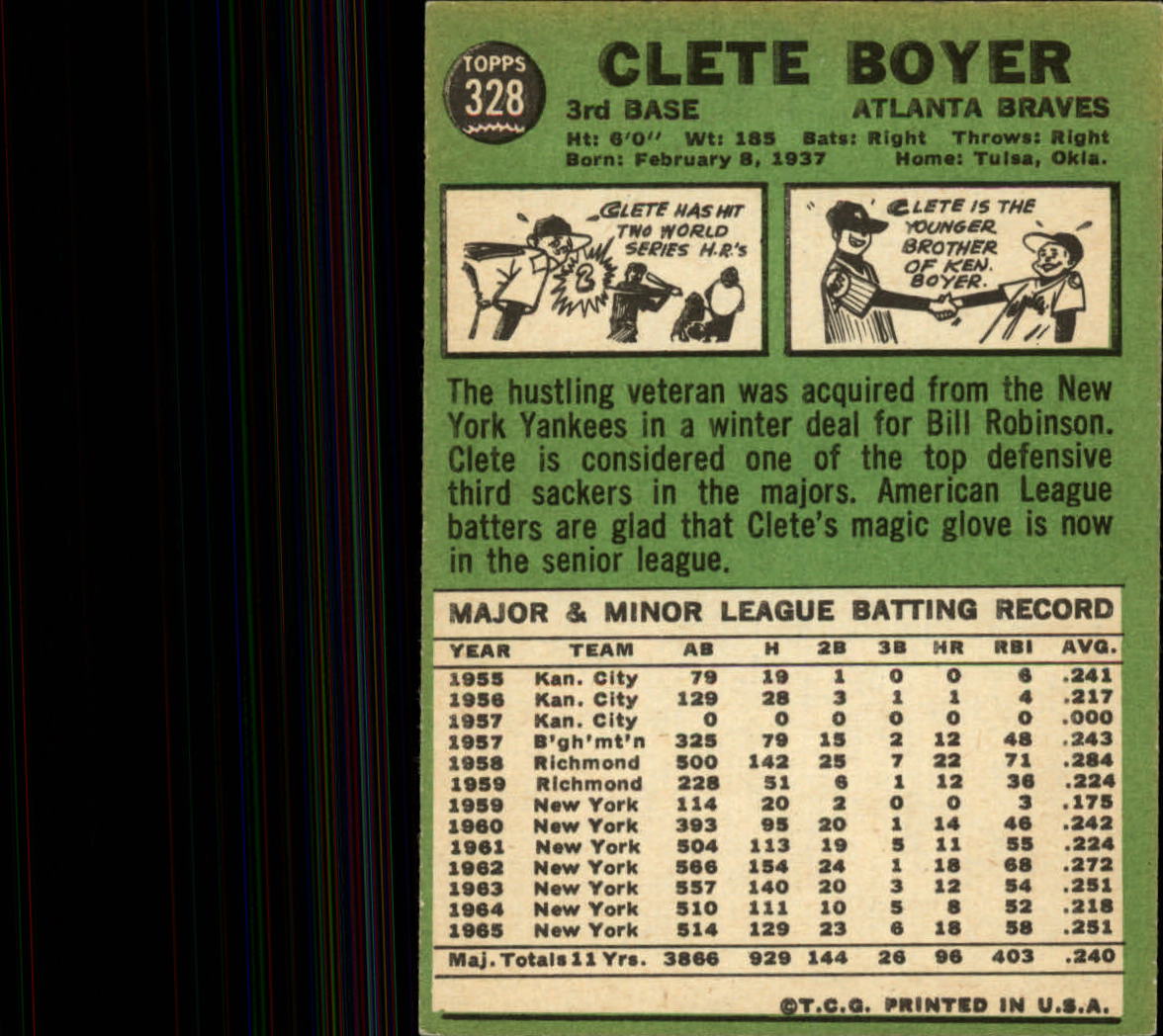 1967 Topps #328 Clete Boyer UER/Stats only go up/through 1965 back image