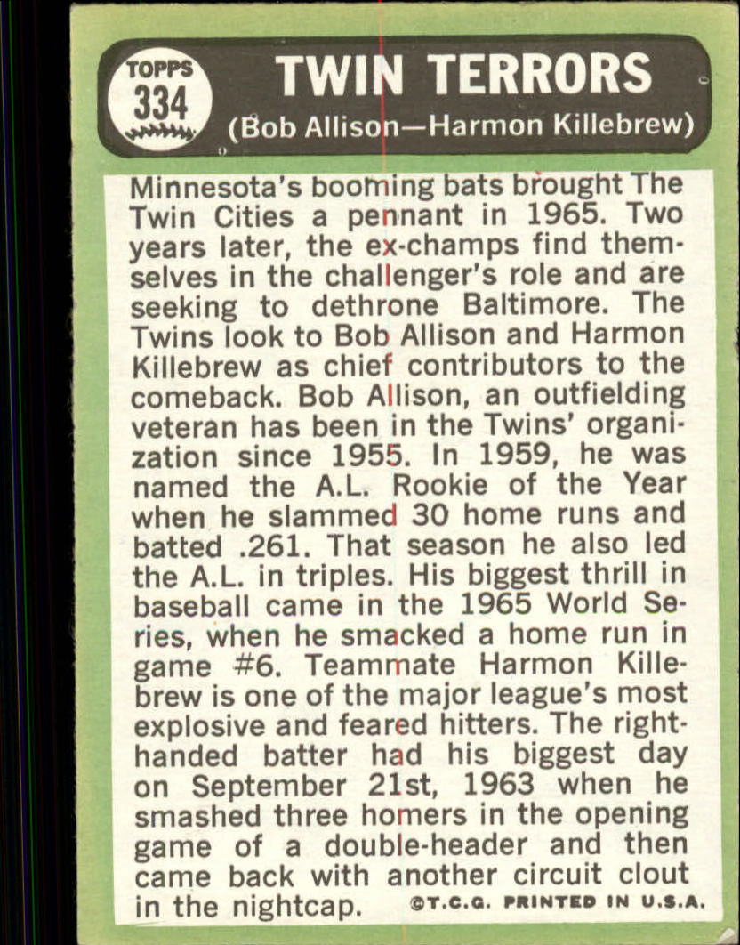 1967 Topps #334 Twin Terrors/Bob Allison/Harmon Killebrew back image