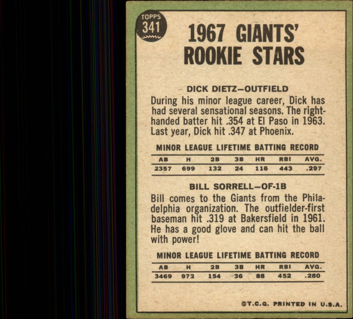 1967 Topps #341 Rookie Stars/Dick Dietz RC/Bill Sorrell back image
