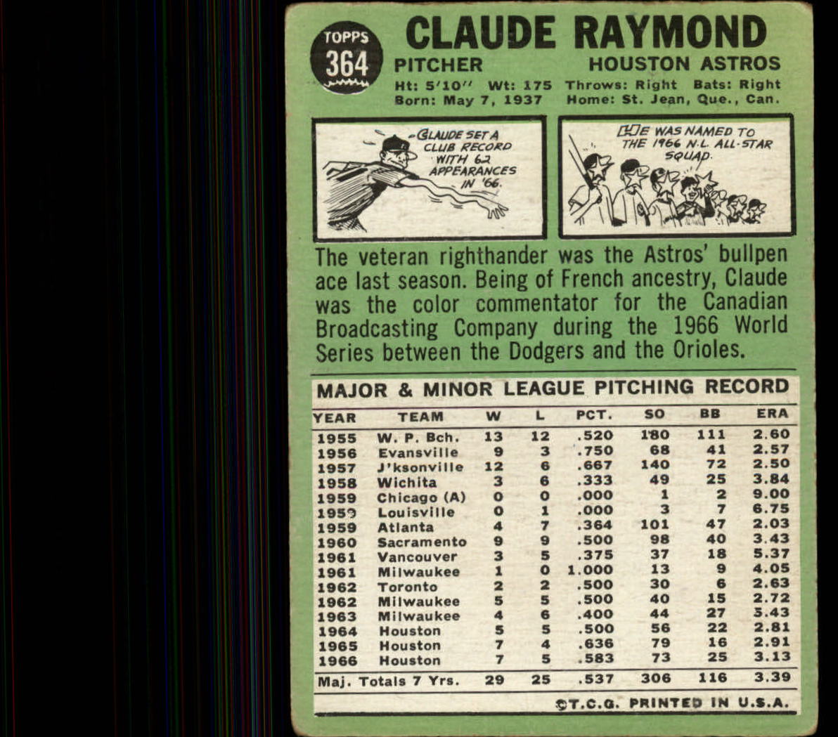 1967 Topps #364 Claude Raymond back image