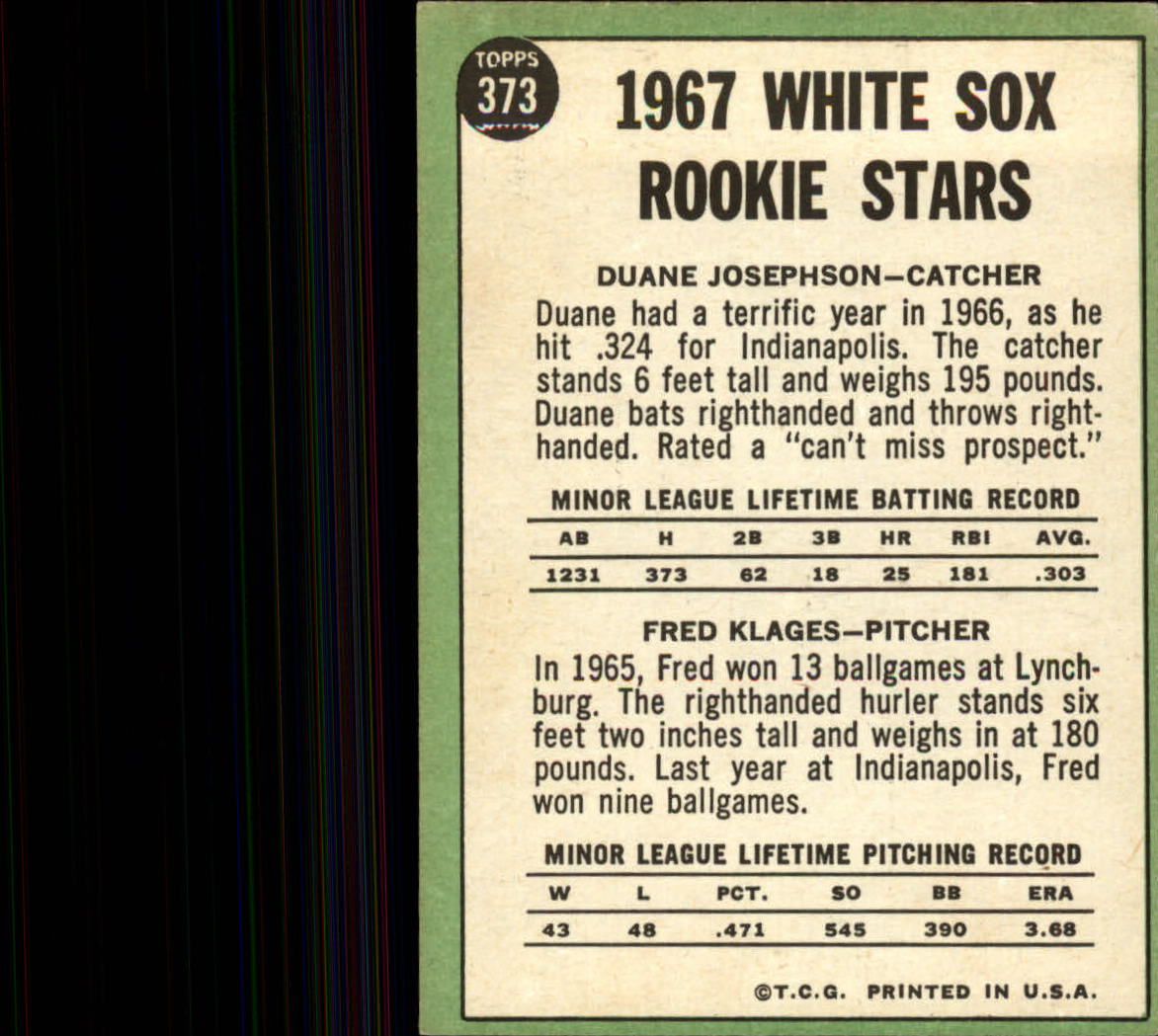 1967 Topps #373 Rookie Stars/Duane Josephson RC/Fred Klages RC DP back image