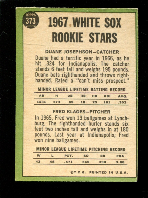 1967 Topps #373 Rookie Stars/Duane Josephson RC/Fred Klages RC DP back image
